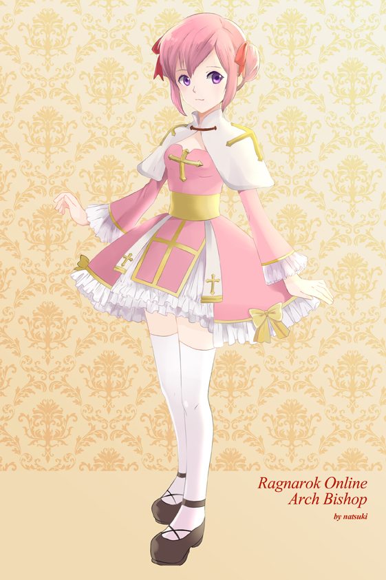 natsuki (pighair), arch bishop (ragnarok online), ragnarok online, commentary request, 1girl, artist name, black shoes, blush, bow, character name, cleavage cutout, closed mouth, clothing cutout, copyright name, cross, double bun, dress, dress bow, expressionless, frilled dress, frilled sleeves, frills, full body, hair bow, hair bun, looking at viewer, official alternate costume, pink dress, pink hair, purple eyes, red bow, sash, shoes, short hair, solo, standing, thighhighs, two-tone dress, white dress, white thighhighs, yellow bow, yellow sash