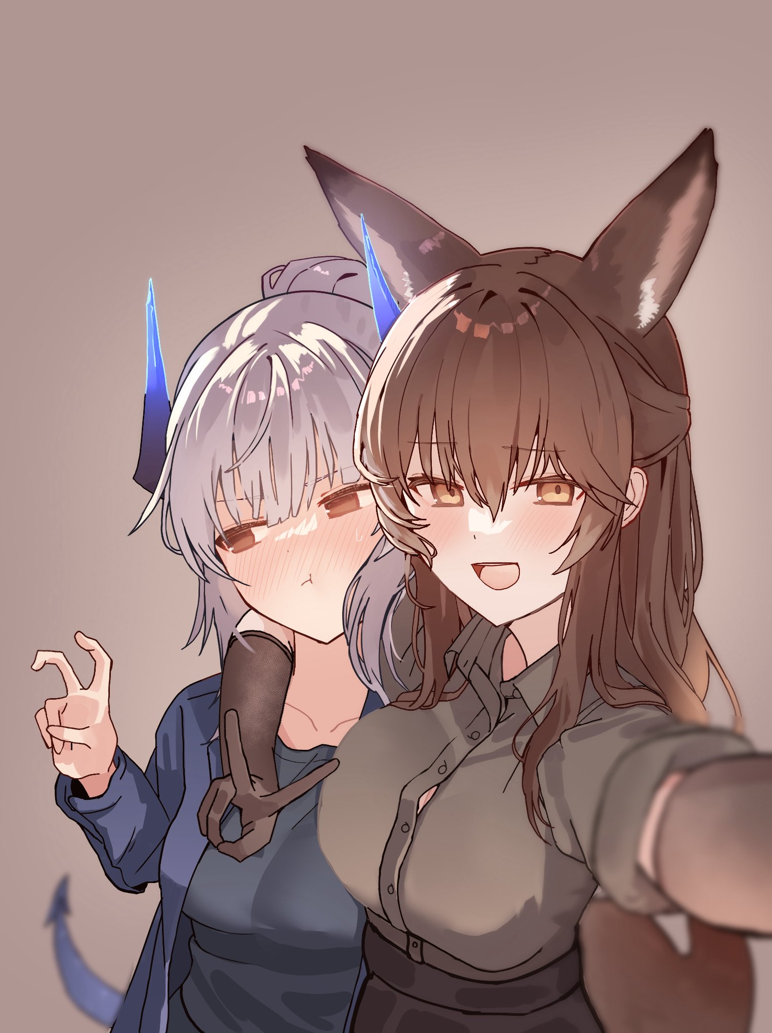 suzubotan, franka (arknights), liskarm (arknights), arknights, commentary request, highres, 2girls, :d, animal ears, arm around neck, averting eyes, black shirt, blush, breasts, brown background, brown eyes, brown gloves, brown hair, buttons, cleavage, closed mouth, collared shirt, dragon girl, dragon horns, elbow gloves, fox ears, fox girl, gloves, grey hair, hair between eyes, horns, jacket, long hair, looking at viewer, medium breasts, multiple girls, nose blush, open clothes, open jacket, open mouth, pout, purple jacket, selfie, shirt, short hair, simple background, smile, t-shirt, upper body, v, yellow eyes