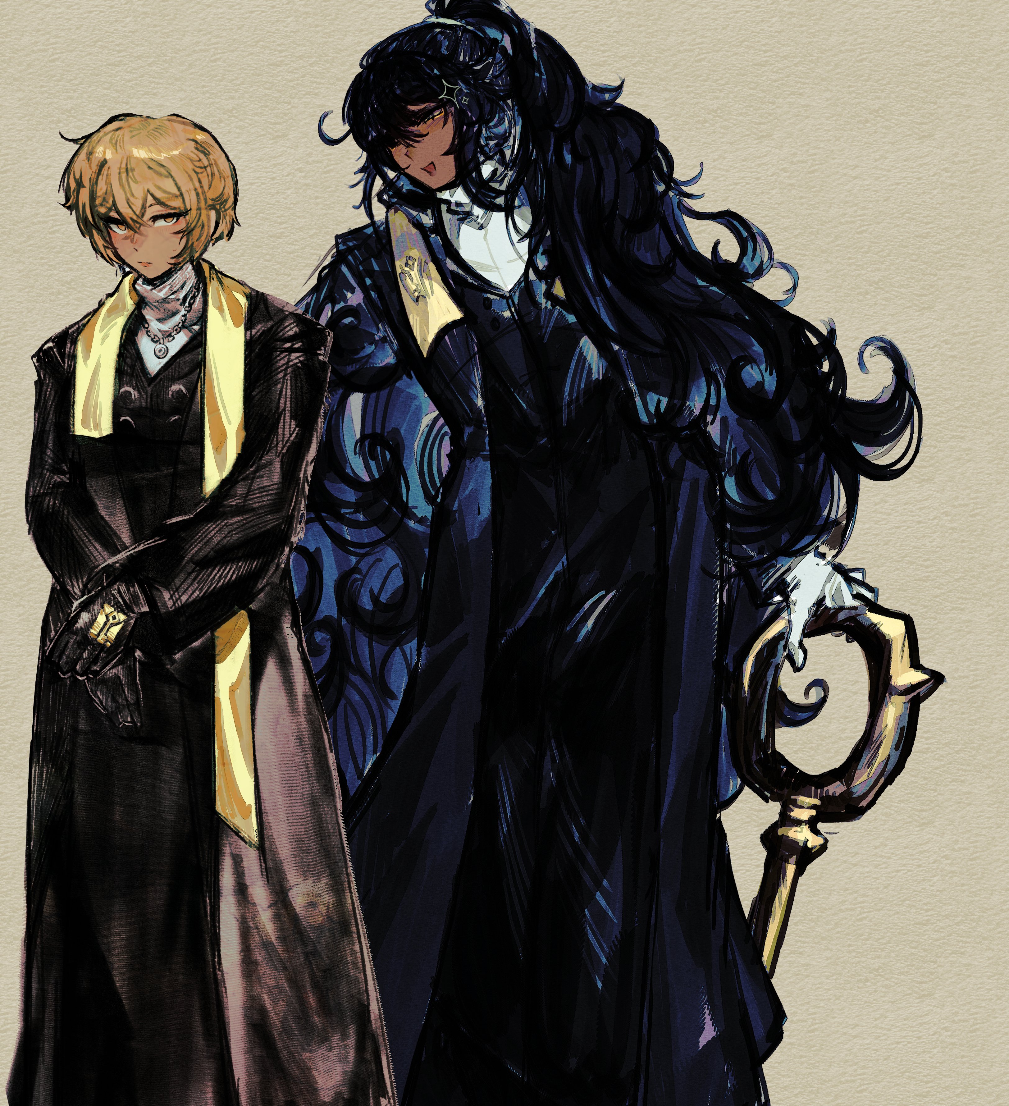 lycanthix, hong lu (project moon), sinclair (project moon), limbus company, project moon, absurdres, highres, 2boys, black coat, black eyes, black gloves, black hair, black pants, black vest, blonde hair, blue eyes, coat, cowboy shot, dieci association south uniform, gloves, heterochromia, high ponytail, holding, holding staff, jewelry, long hair, long sleeves, looking at another, looking at viewer, male focus, multiple boys, necklace, pants, ponytail, shirt, short hair, simple background, staff, standing, vest, white gloves, white shirt, yellow background, yellow eyes, yellow stole