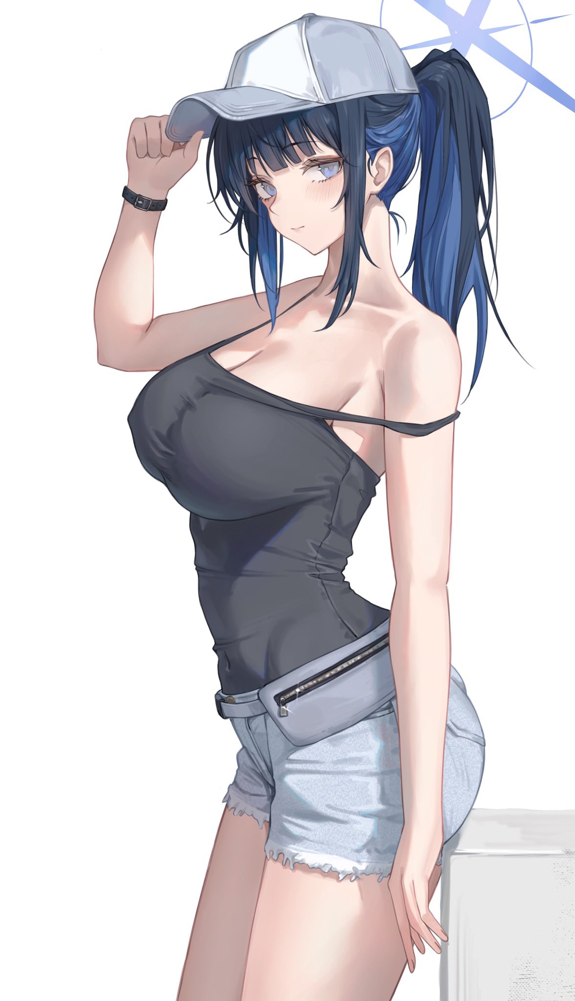 renge (730), saori (blue archive), saori (swimsuit) (blue archive), blue archive, commentary request, highres, 1girl, adjusting clothes, adjusting headwear, bare shoulders, baseball cap, black camisole, black hair, blue eyes, blue hair, blue halo, blush, breasts, camisole, cleavage, collarbone, colored inner hair, covered navel, cutoffs, denim, denim shorts, fanny pack, grey shorts, halo, hand up, hat, large breasts, long hair, looking at viewer, multicolored hair, off shoulder, official alternate costume, ponytail, shirt tucked in, short shorts, shorts, sidelocks, simple background, solo, thighs, watch, white background, wristwatch