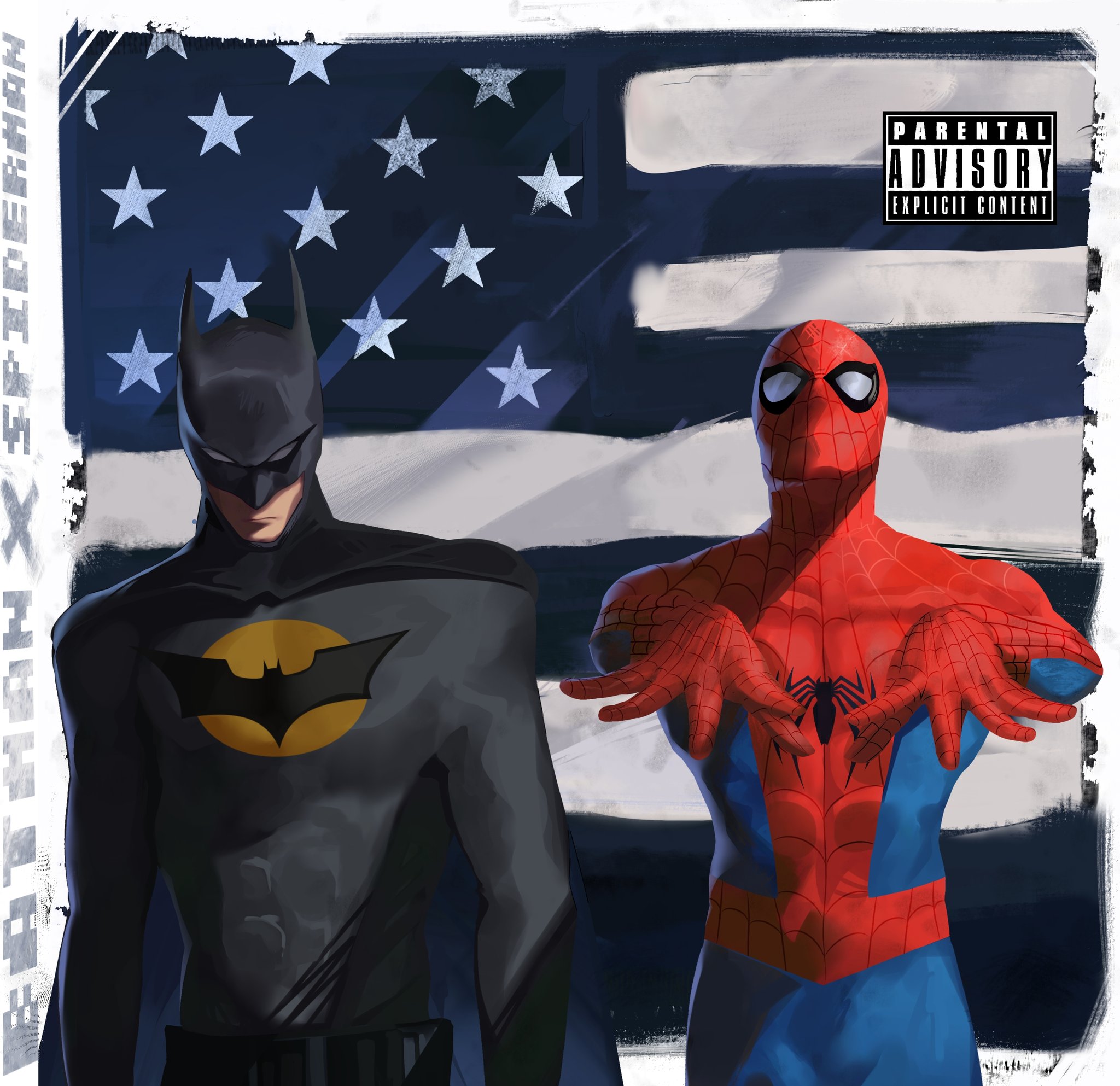 batman, spider-man, batman (series), dc comics, marvel, outkast, spider-man (series), derivative work, highres, 2boys, album cover redraw, bat signal, black cape, blue bodysuit, bodysuit, cape, lnsqueezearts, male focus, mask, mask on head, multiple boys, red bodysuit, superhero costume, two-tone bodysuit