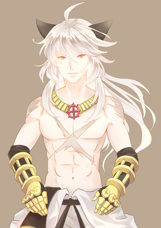 natsuki (pighair), sura (ragnarok online), ragnarok online, commentary, english commentary, 1boy, abs, ahoge, animal ears, belt, black belt, black gloves, cat boy, cat ears, clothes around waist, cowboy shot, cross, cross necklace, cross of prontera, cross scar, gauntlets, gloves, hair between eyes, jewelry, long hair, looking at viewer, male focus, necklace, no nipples, open mouth, scar, scar on chest, shirt, shirt around waist, simple background, smile, solo, toned, toned male, topless male, white hair, white shirt, yellow eyes