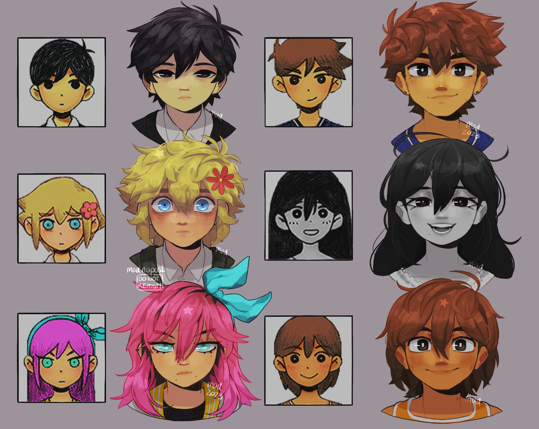 madnopost, aubrey (faraway) (omori), aubrey (omori), basil (faraway) (omori), basil (omori), hero (faraway) (omori), hero (omori), kel (faraway) (omori), kel (omori), mari (omori), mari (spirit) (omori), sunny (omori), omori, highres, 2023, 2girls, 4boys, alternate eye color, antenna hair, artist name, black eyes, black hair, black sweater vest, blonde hair, blue eyes, blue hairband, blue sweater, brown hair, closed mouth, collarbone, collared shirt, colored skin, dark-skinned male, dark skin, double-parted bangs, draw this in your style challenge, ear piercing, expressionless, flower, green sweater vest, grey background, hair between eyes, hair flower, hair ornament, hairband, long hair, looking at viewer, mole, mole under mouth, multicolored hair, multiple boys, multiple girls, open mouth, piercing, pink hair, roots (hair), shirt, short hair, simple background, smile, sweater, sweater vest, teeth, white shirt, white skin
