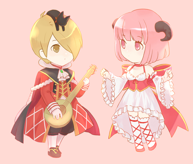 natsuki (pighair), minstrel (ragnarok online), wanderer (ragnarok online), ragnarok online, commentary, english commentary, 1boy, 1girl, animal, animal on head, ascot, black cat, black horns, black pants, blonde hair, brown shoes, cape, cat, cat on head, chibi, chibi only, choker, closed mouth, coat, corset, detached sleeves, dress, expressionless, frilled dress, frilled sleeves, frills, full body, gold trim, hair over one eye, holding, holding instrument, horns, instrument, kneehighs, looking at another, lute (instrument), official alternate costume, on head, pants, pink background, pink eyes, pink hair, red cape, red choker, red coat, red corset, red shoes, red vest, shoes, simple background, sleeveless, sleeveless dress, socks, vest, white ascot, white dress, white sleeves, white socks, wide sleeves, yellow eyes