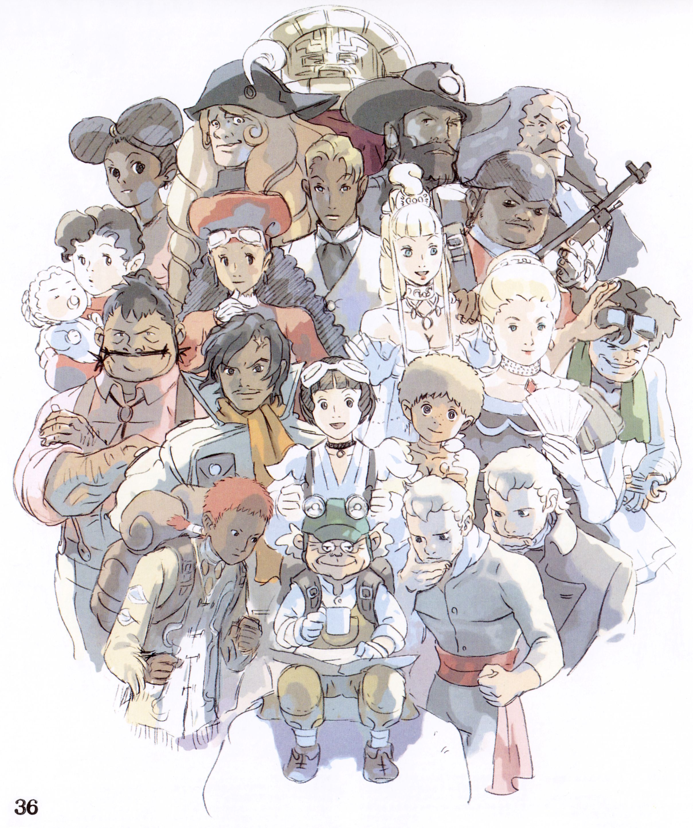 yasuda akira, dylan heim, gavane gooney, guin sard lineford, joseph yaht, kihel heim, ladderrum kune, lily borjarnon, mallygan, mayalito, miashei kune, michael gern, sid munzer, sochie heim, will game, yanny oviess, gundam, turn a gundam, absurdres, artbook, character request, highres, official art, scan, 6+boys, 6+girls, everyone, goggles, multiple boys, multiple girls
