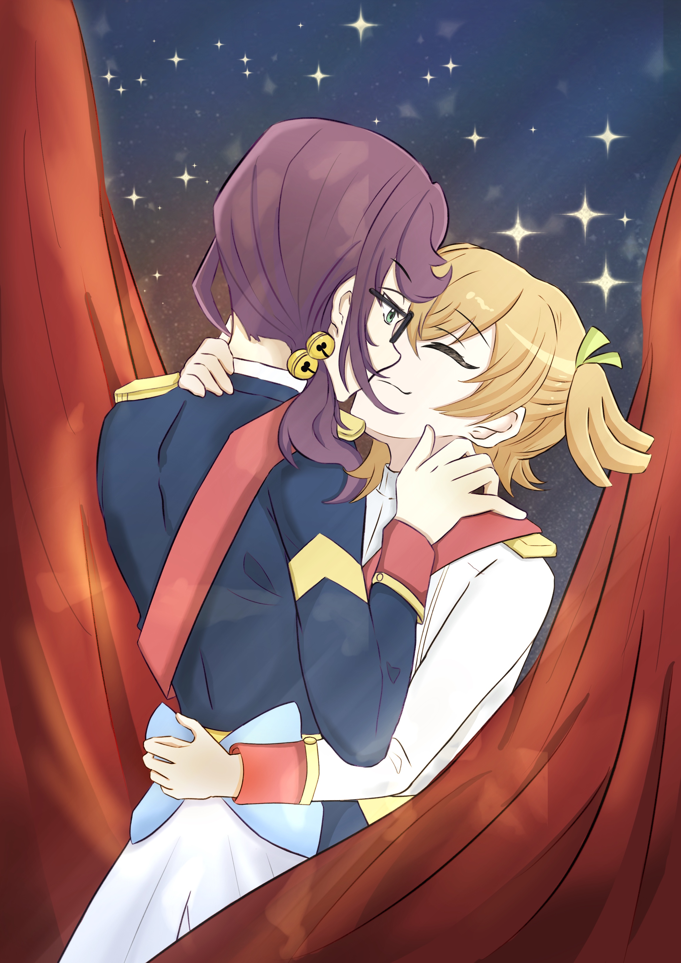 daiba nana, hoshimi junna, shoujo kageki revue starlight, absurdres, commentary request, highres, 2girls, bell, blonde hair, blue jacket, closed eyes, closed mouth, curtains, epaulettes, glasses, green eyes, hair bell, hair ornament, hand on another's neck, hand on another's shoulder, hand on another's waist, jacket, kiss, long hair, long sleeves, multiple girls, purple hair, red sash, sash, star (sky), torero, two side up, white jacket, yuri