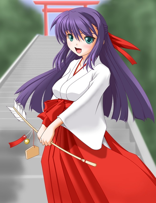 t2r, ginga nakajima, lyrical nanoha, mahou shoujo lyrical nanoha, mahou shoujo lyrical nanoha strikers, 00s, 1girl, arrow (projectile), blush, female focus, green eyes, hakama, hakama skirt, hamaya, japanese clothes, long hair, miko, open mouth, purple hair, red hakama, skirt, smile, solo