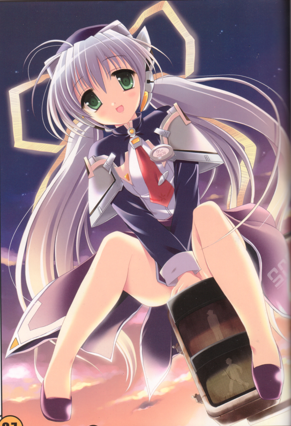 hoshino yumemi, planetarian, highres, 00s, 1girl, blue hair, female focus, green eyes, no panties, outdoors, sky, solo