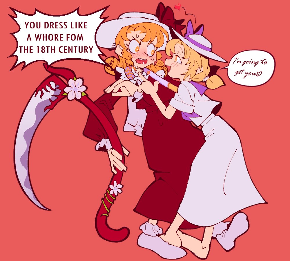 elly (touhou), louise (touhou), touhou, touhou (pc-98), 2girls, arirewdinn, barefoot, blonde hair, blush, bow, capelet, curly hair, cursive, dress, english text, flower, frilled sleeves, frills, hat, hat bow, hat ribbon, holding, holding scythe, long skirt, long sleeves, looking at another, multiple girls, neckerchief, open mouth, plant, ponytail, purple bow, purple neckerchief, red background, red dress, red ribbon, ribbon, scythe, shirt, short sleeves, sidelocks, skirt, socks, sweatdrop, v-shaped eyebrows, vines, white capelet, white hat, white shirt, white skirt, white socks, yuri