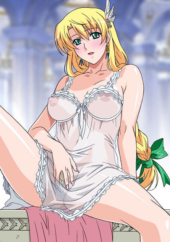 rudoni, sophitia alexandra, soul calibur, soulcalibur, soulcalibur iv, 1girl, babydoll, blonde hair, blonde twist, blush, braid, breasts, camisole, earrings, female focus, female pubic hair, fingernails, goddess headdress, green eyes, hair ornament, jewelry, large breasts, long fingernails, long hair, mature female, nail polish, needle, nipples, no panties, pubic hair, ribbon, see-through clothes, single braid, sitting, solo, uncensored