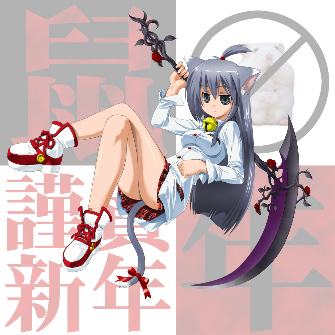 umekichi, ahoge, animal ears, bell, cat ears, cat tail, long hair, miniskirt, scythe, skirt, solo, tail