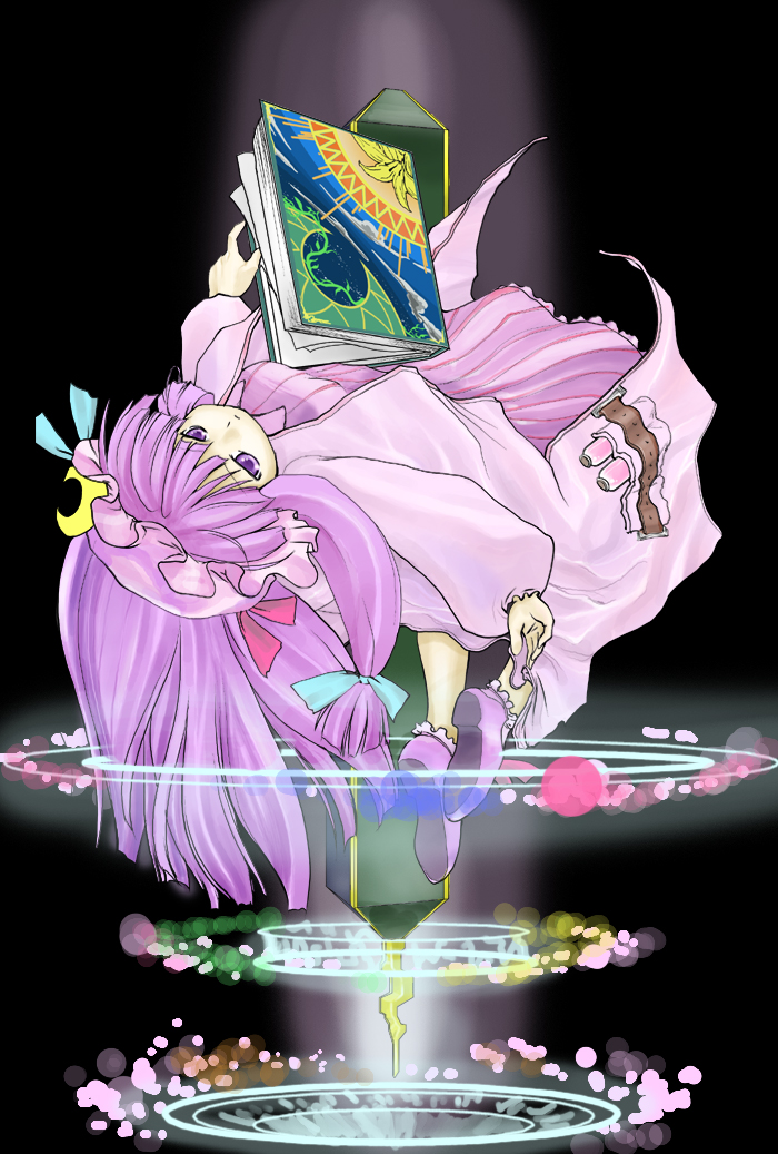 patchouli knowledge, touhou, 1girl, book, bow, female focus, pink bow, solo
