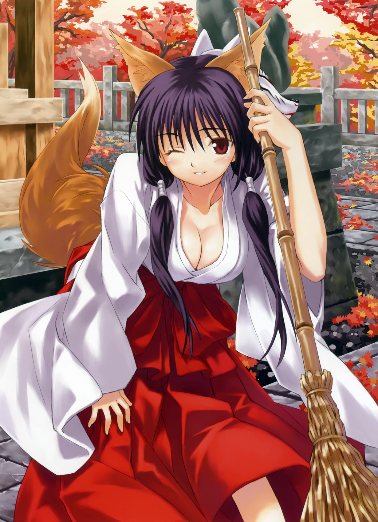 matsuryuu, original, highres, 1girl, animal ears, breasts, broom, cleavage, female focus, fox, fox ears, fox mask, hakama, hakama skirt, japanese clothes, large breasts, long hair, mask, miko, one eye closed, purple hair, red eyes, red hakama, skirt, smile, solo, tail, wink