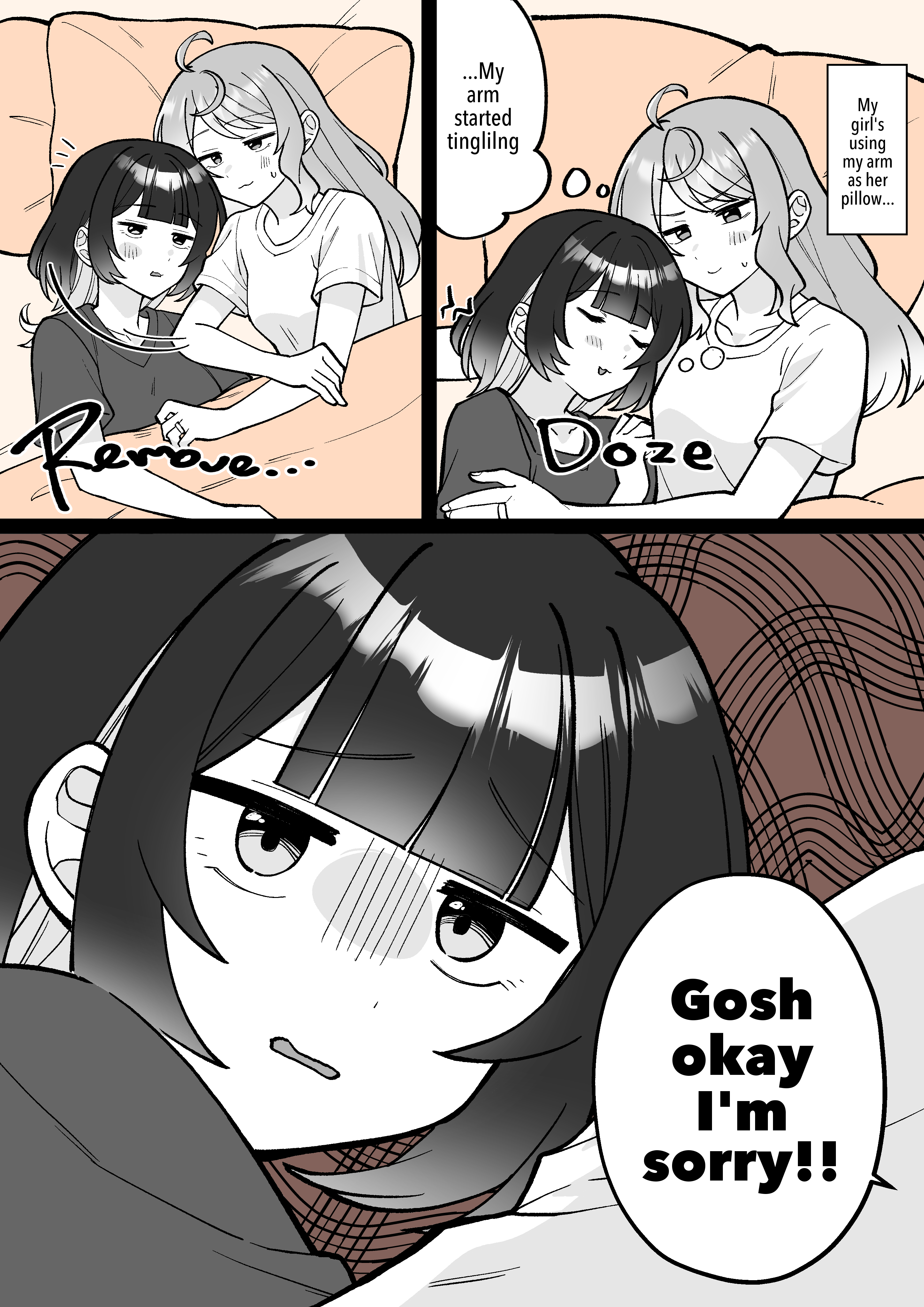 hyaluron & daruma, absurdres, commentary, english commentary, highres, 2girls, blush, closed eyes, cuddling, english text, greyscale with colored background, koharu and minato, koharu suzumura, long hair, minato matsuki, multiple girls, pillow, shirt, short sleeves, sleeping, speech bubble, under covers, wolf cut, yuri