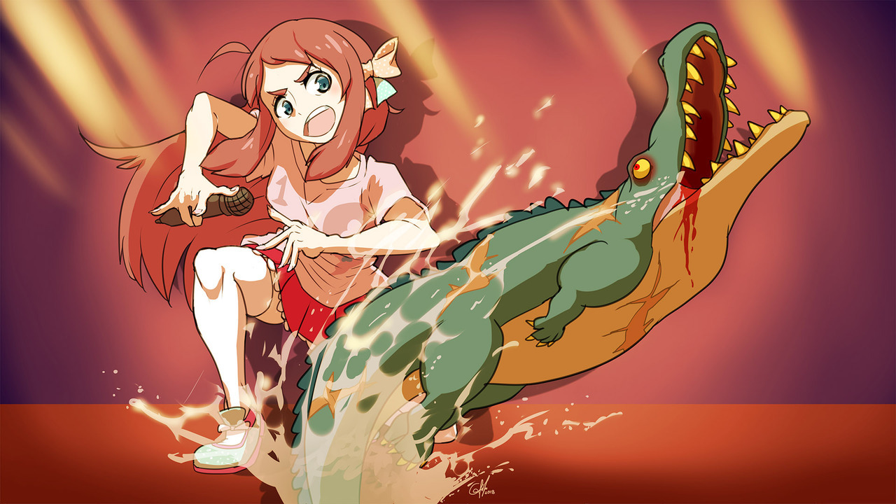 triple-q, minamoto sakura, zombie land saga, commentary, english commentary, 1girl, ahoge, bow, brown hair, crocodile, crocodilian, full body, hair bow, holding, holding microphone, interior crocodile alligator, long hair, microphone, open mouth, pink shirt, red skirt, shirt, skirt, solo, splashing, thighhighs, water, white bow, white thighhighs