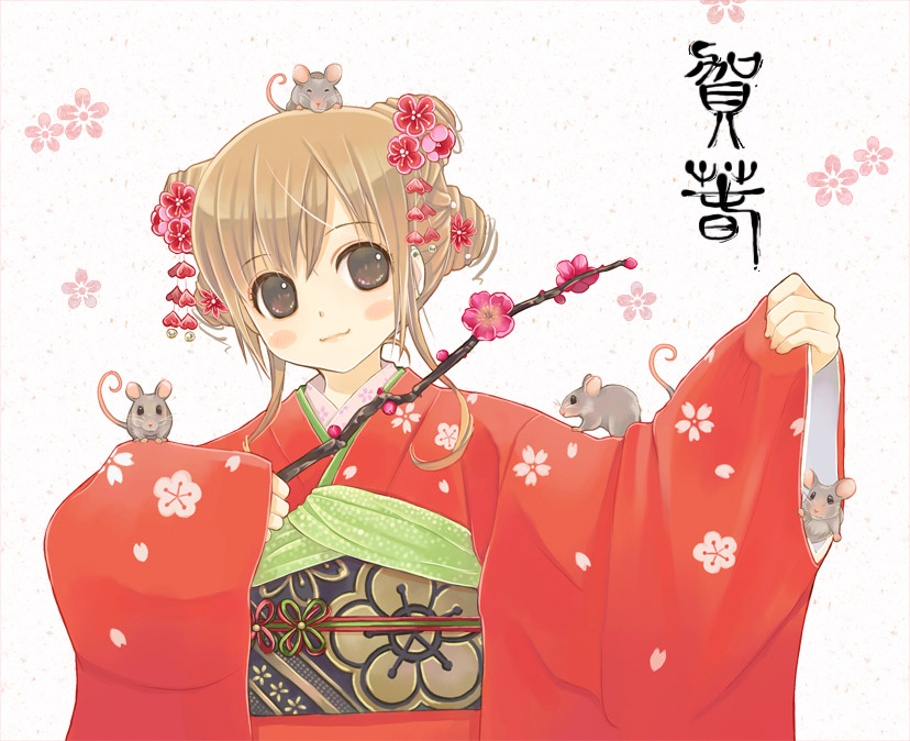 kuga tsukasa, 1girl, animal, animal on head, blush, brown eyes, brown hair, female focus, flower, hair ornament, japanese clothes, kimono, long sleeves, mouse (animal), on head, solo, upper body, wide sleeves