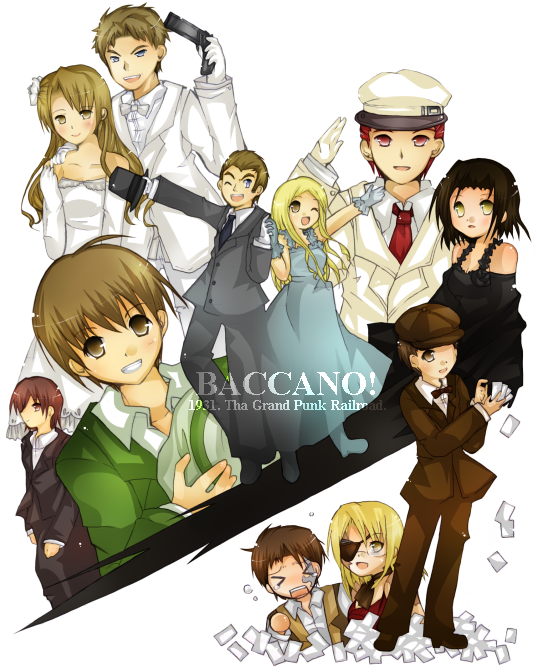 chane laforet, claire stanfield, czeslaw meyer, ennis, firo prochainezo, isaac dian, jacuzzi splot, ladd russo, miria harvent, nice holystone, baccano!, 00s, 5girls, 6+boys, bad anatomy, card, dress, elbow gloves, formal clothes, glasses, gloves, hair ornament, hat, multiple boys, multiple girls, poorly drawn