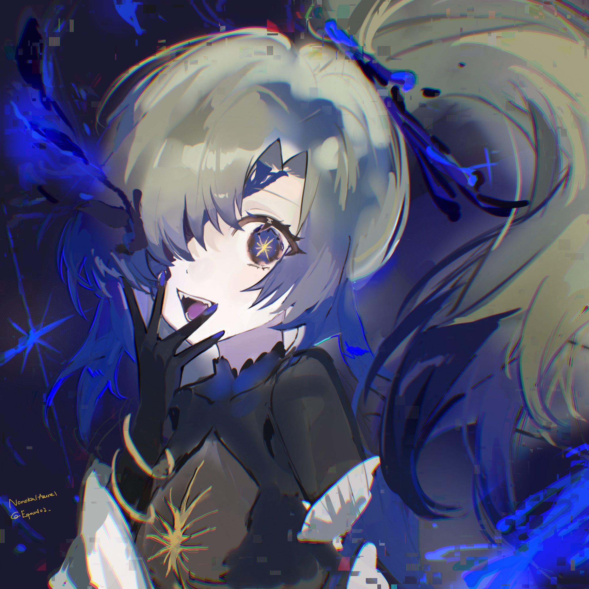 equal02, arcaea, highres, 1girl, black bodysuit, black gloves, blonde hair, blue eyes, bodystocking, bodysuit, breasts, corruption, curtained hair, fangs, gloves, green hair, hair over one eye, high ponytail, jacket, jewelry, medium breasts, medium hair, multiple rings, nonoka (awakended) (arcaea), one eye covered, ponytail, possessed, ring, sketch, solo, star-shaped pupils, star (symbol), symbol-shaped pupils, white jacket, white sleeves