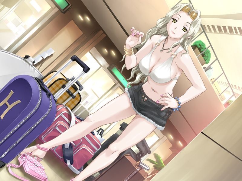 happoubi jin, shinjou kanae, resort boin, luggage, silver hair, game cg, 00s, 1girl, bag, bikini, bracelet, breasts, cleavage, feet, female focus, fingernails, handbag, hanging breasts, high heels, jewelry, long fingernails, long hair, nail polish, navel, navel piercing, necklace, piercing, pink nails, sandals, shoes, shorts, solo, sunglasses, swimsuit, white bikini