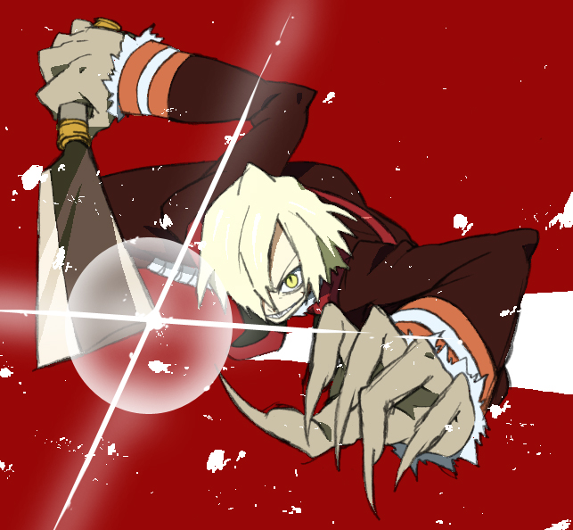 viral (ttgl), tengen toppa gurren lagann, 00s, 1boy, blonde hair, cleaver, fingernails, hair over one eye, hatchet, long fingernails, male focus, nata (tool), red background, sharp fingernails, solo, yellow eyes