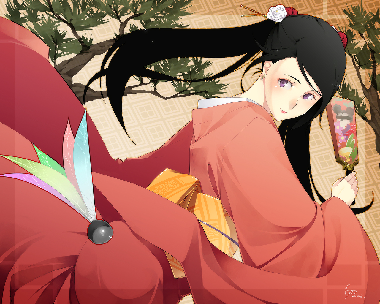 kyo (kuroichigo), black hair, blush, hagoita, hanetsuki, japanese clothes, kimono, paddle, seigaiha, solo, twintails