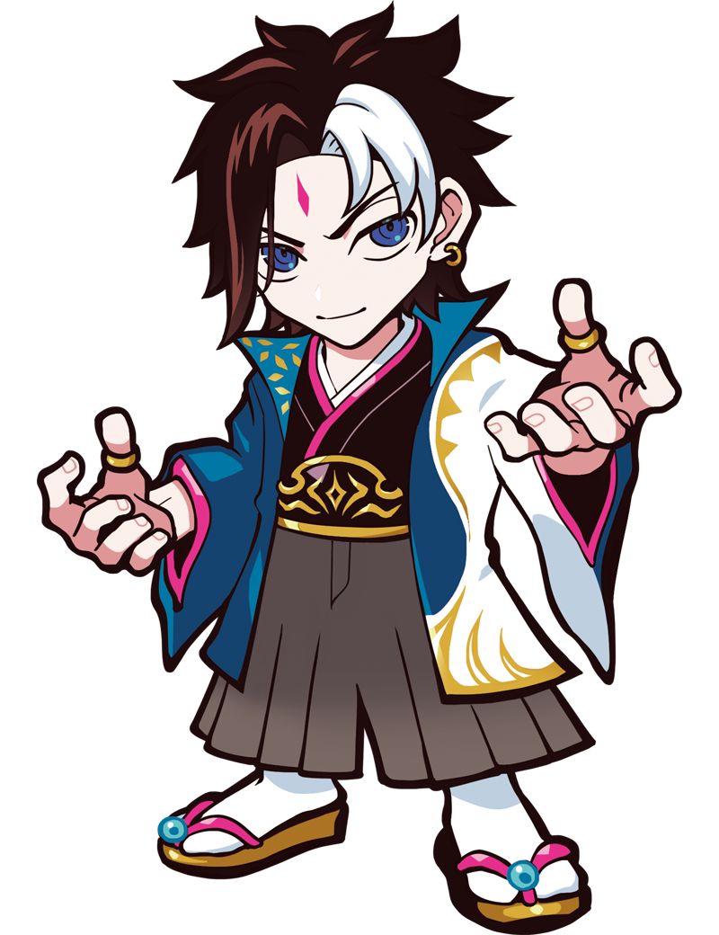 puppeteer7777, crazy raccoon, archived source, official art, second-party source, anime coloring, anthem (gamer), asymmetrical bangs, black hair, black kimono, black metal, blue eyes, blue haori, blue sleeves, closed mouth, collar, curtained hair, diamond (shape), diamond facial mark, earrings, facial mark, facing viewer, fingernails, forehead mark, full body, gold earrings, gold ring, gradient hair, gradient hakama, grey hakama, hair intakes, hakama, hakama pants, haori, japanese clothes, jewelry, kimono, long sleeves, looking at viewer, metal belt, multicolored hair, no nose, pants, parted bangs, sandals, sanpaku, smile, socks, solo, streaked hair, tabi, tachi-e, thick lineart, thumb ring, transparent background, two-tone sleeves, v-shaped eyebrows, white hair, white sleeves, white socks, wide sleeves, zouri