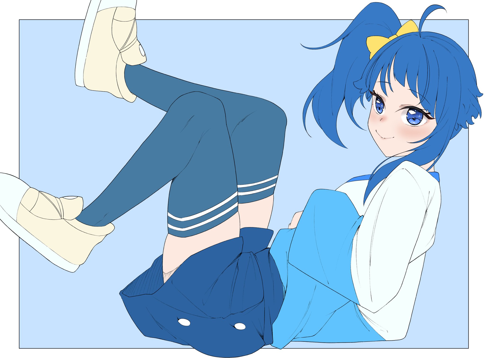 sim (sim dr1), sora harewataru, hirogaru sky! precure, precure, commentary, highres, 1girl, blue background, blue eyes, blue hair, blue shirt, blue skirt, blue thighhighs, bow, casual, closed mouth, cut bangs, from side, hair bow, legs up, long sleeves, looking at viewer, lying, medium hair, miniskirt, on back, shirt, shoes, side ponytail, single sidelock, skirt, smile, sneakers, solo, t-shirt, thighhighs, two-tone shirt, white shirt, yellow bow, yellow shoes