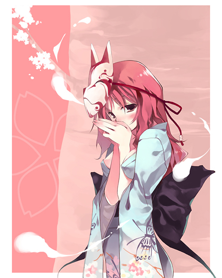 ooba kagerou, saigyouji yuyuko, touhou, 1girl, blush, bug, butterfly, female focus, fox mask, japanese clothes, kimono, mask, solo