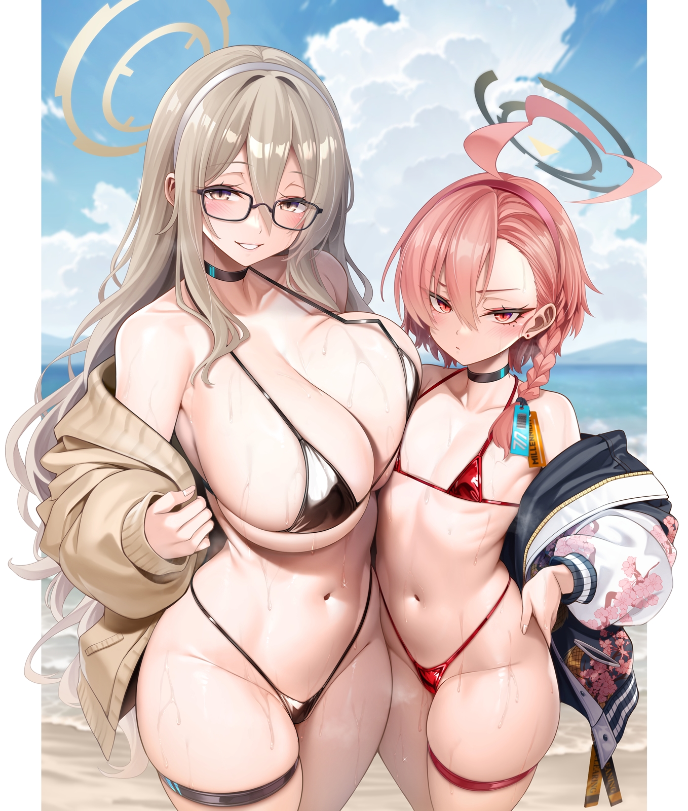 oni-noboru, akane (blue archive), neru (blue archive), blue archive, highres, 2girls, :d, ahoge, alternate costume, asymmetrical docking, bare shoulders, beach, bikini, black-framed eyewear, black bikini, black choker, black halo, black jacket, blonde hair, blue sky, blush, braid, breast press, breasts, brown cardigan, brown eyes, brown halo, cardigan, choker, closed mouth, cloud, cloudy sky, collarbone, cowboy shot, cumulonimbus cloud, day, earrings, fingernails, flat chest, glasses, grin, hair between eyes, hair over one eye, hairband, half-closed eyes, halo, halterneck, highleg, highleg bikini, horizon, huge ahoge, huge breasts, jacket, jewelry, large breasts, legs together, long fingernails, long hair, long sleeves, looking at viewer, micro bikini, mole, mole under eye, mountainous horizon, multicolored jacket, multiple girls, navel, ocean, off shoulder, open cardigan, open clothes, open jacket, open mouth, outdoors, pink eyes, pink hair, red bikini, red hairband, sideboob, sidelocks, single braid, skindentation, sky, smile, standing, stomach, string bikini, stud earrings, swimsuit, teeth, thigh strap, thighs, underboob, very long hair, water, wet, white hairband, white jacket