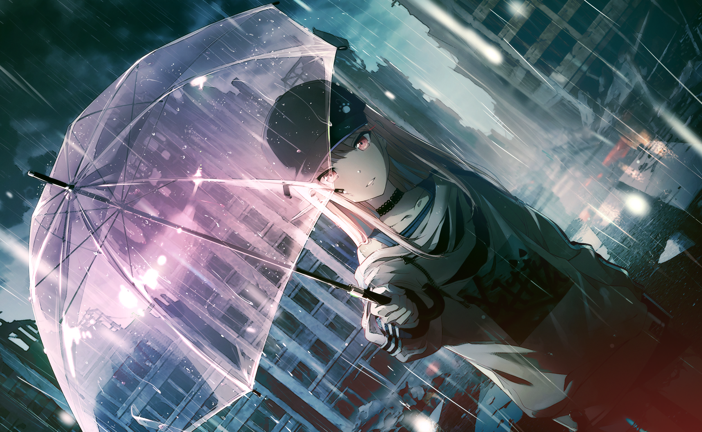 colorful palette, akiyama mizuki, project sekai, game cg, highres, official art, third-party source, 1other, black choker, black hat, bokutachi no seizon tousou (project sekai), building, choker, dutch angle, hat, holding, holding umbrella, long hair, official alternate costume, official alternate hairstyle, outdoors, pink eyes, pink hair, rain, shirt, solo, umbrella, white shirt