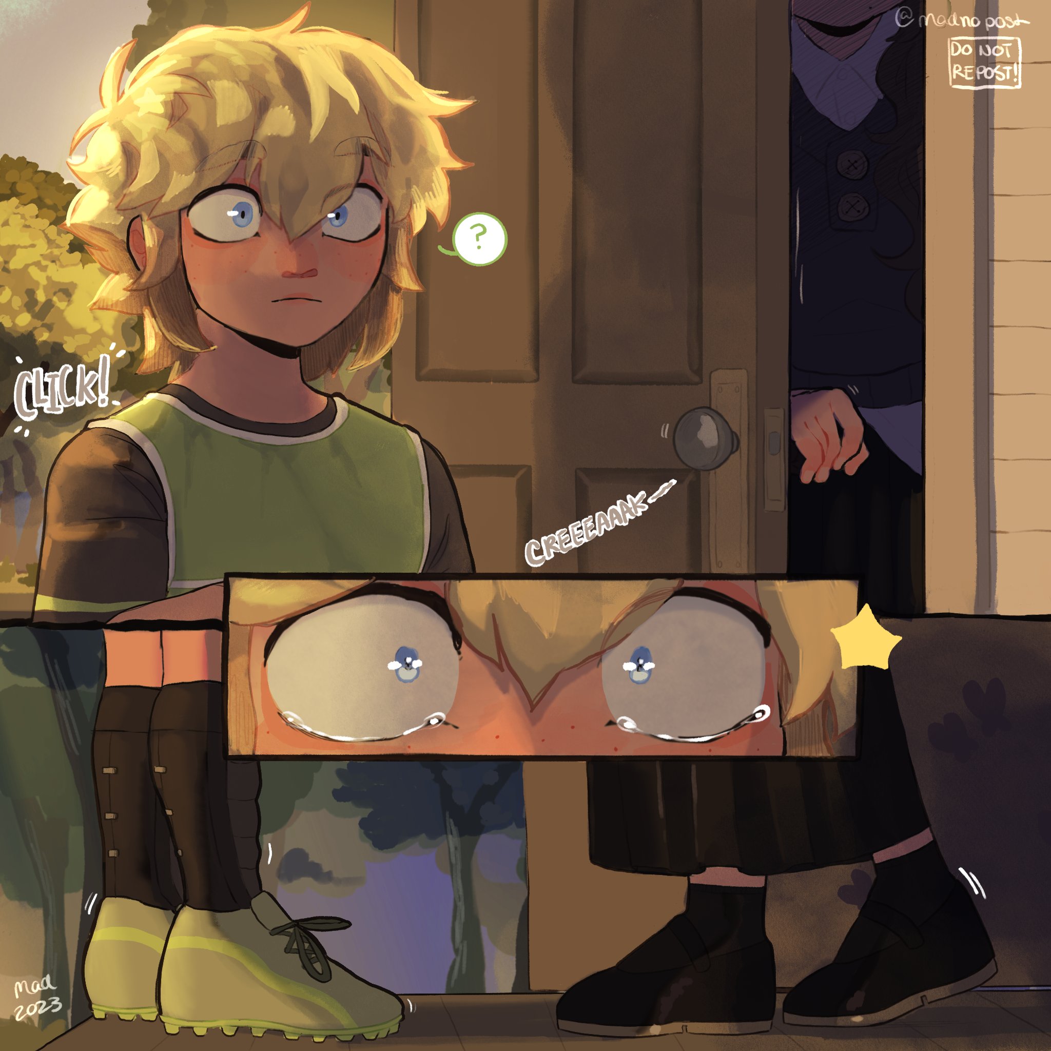 madnopost, aubrey (faraway) (omori), aubrey (omori), basil (faraway) (omori), basil (omori), omori, highres, 2023, ?, alternate costume, alternate universe, artist name, black shoes, black skirt, black sweater vest, blonde hair, blue eyes, cleats, closed mouth, collared shirt, door, double-parted bangs, english text, green shoes, left-to-right manga, long skirt, looking at another, shin guards, shirt, shoes, short hair, short sleeves, skirt, speech bubble, spoken question mark, sweater vest, white shirt