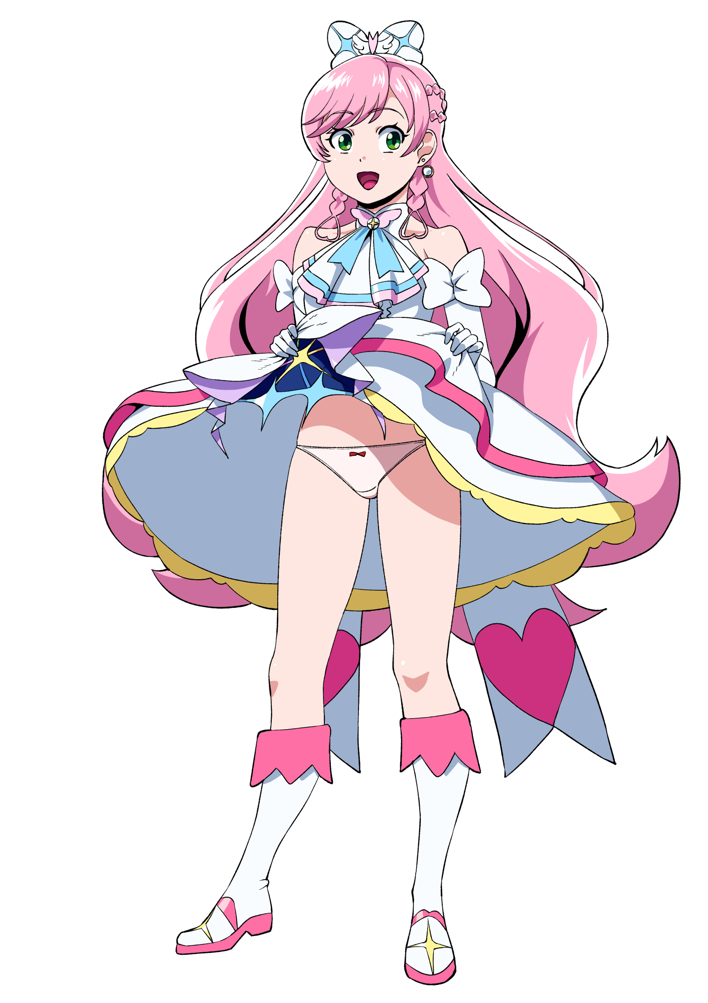 matsuda shin, cure prism, nijigaoka mashiro, hirogaru sky! precure, precure, commentary, highres, 1girl, ascot, boots, bow, bow panties, braid, brooch, clothes lift, crotch seam, crown braid, dress, dress lift, earrings, elbow gloves, glove bow, gloves, green eyes, hair bow, jewelry, knee boots, layered dress, lifting own clothes, long hair, looking at viewer, magical girl, medium dress, open mouth, panties, pink hair, side braids, simple background, sleeveless, sleeveless dress, smile, solo, standing, underwear, very long hair, white ascot, white background, white boots, white bow, white dress, white gloves, white panties, wing brooch