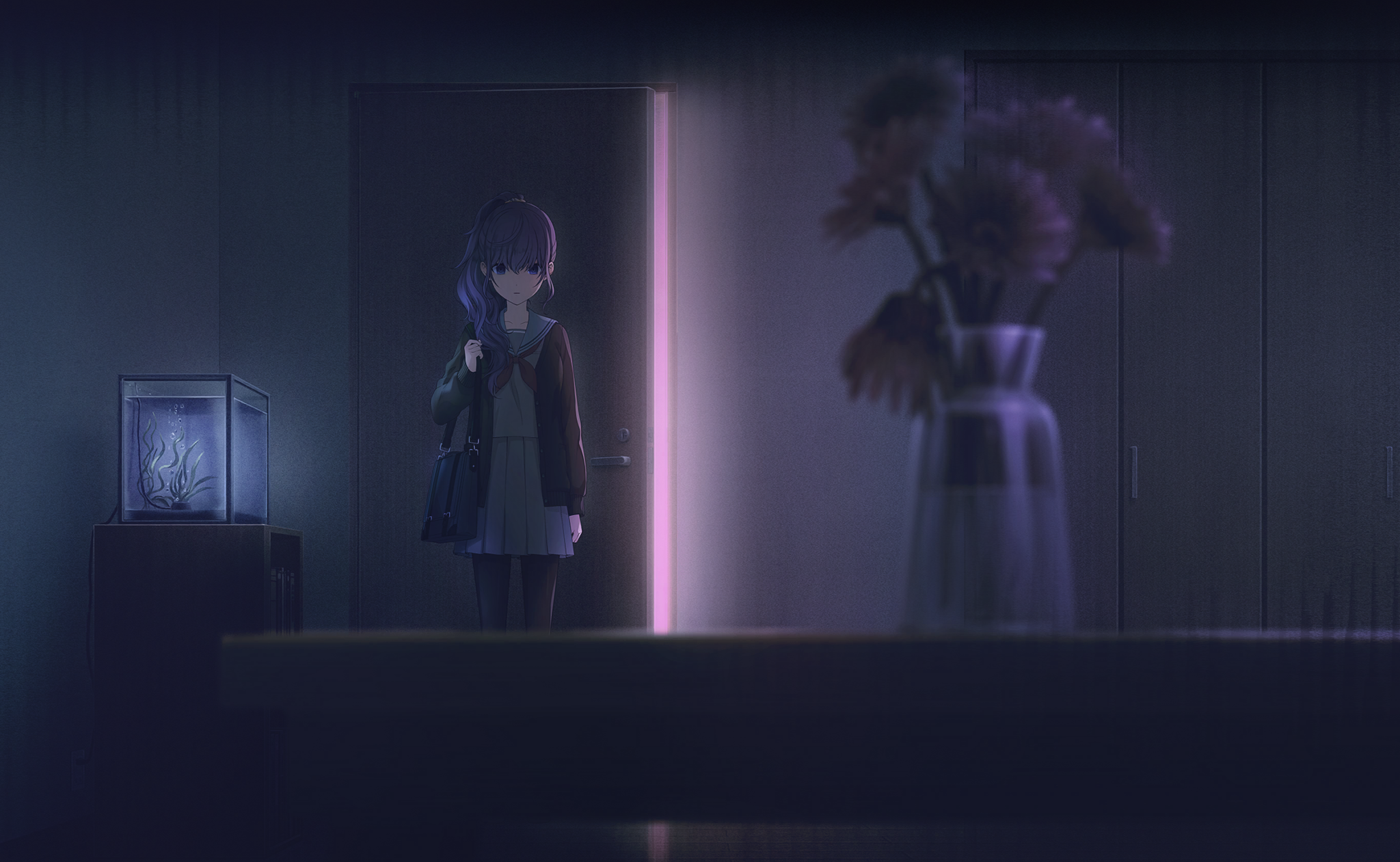 colorful palette, asahina mafuyu, project sekai, game cg, highres, official art, third-party source, 1girl, bag, black jacket, black pantyhose, blurry, bokutachi no seizon tousou (project sekai), depth of field, door, fish tank, flower, glowing, grey sailor collar, grey serafuku, grey skirt, jacket, neckerchief, pantyhose, pleated skirt, ponytail, purple eyes, purple hair, red neckerchief, sailor collar, school bag, school uniform, serafuku, skirt, solo, standing, table, vase