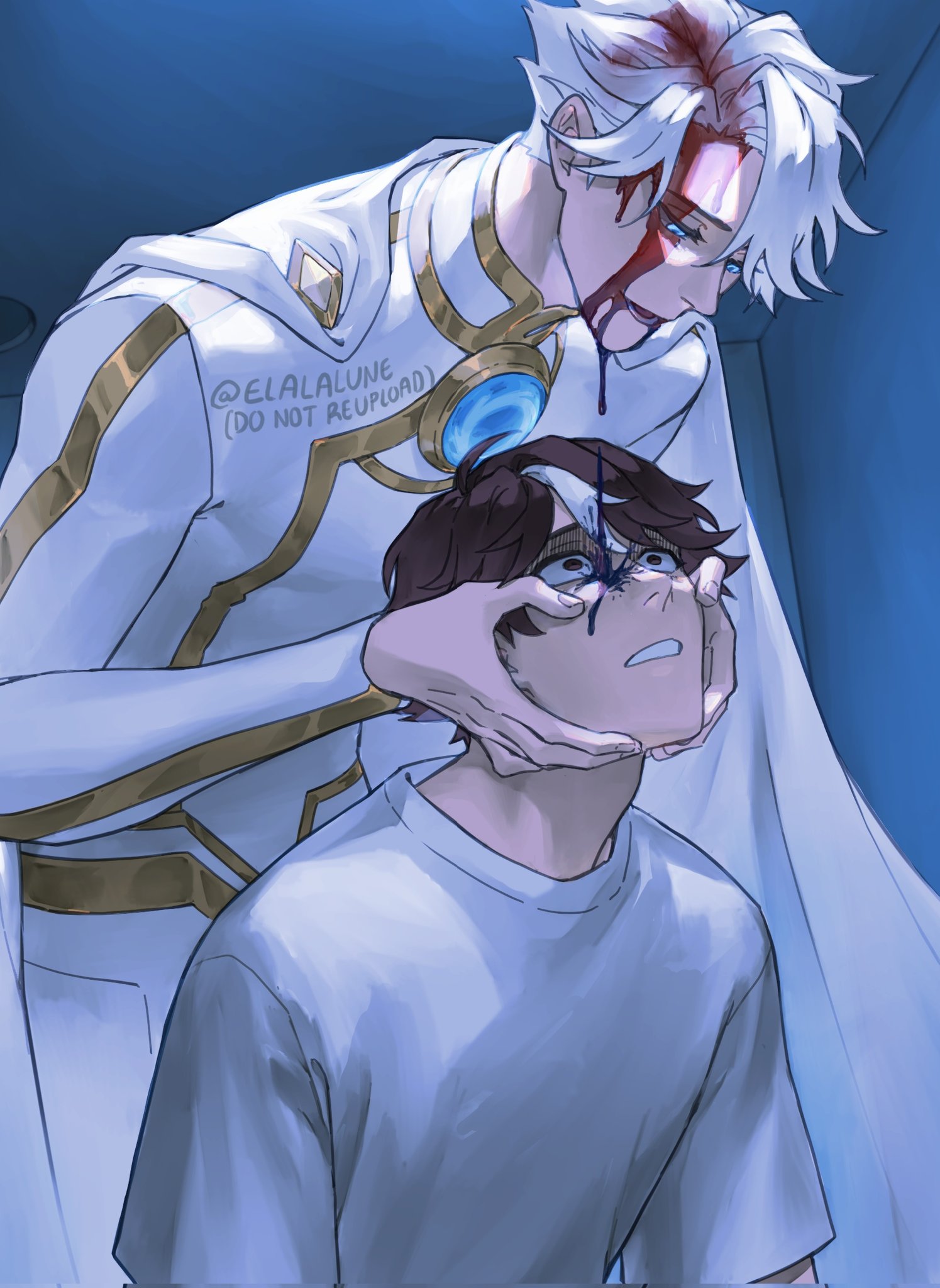 elalalune, lin ling (to be hero x), nice (to be hero x), to be hero, to be hero x, highres, 2boys, bleeding, blood, blood drip, blue eyes, bodysuit, brooch, brown eyes, brown hair, cape, clenched teeth, curtained hair, grabbing another's chin, grabbing another's head, hand on another's chin, horrified, jewelry, looking at another, male focus, multiple boys, open mouth, partially shaded face, shirt, short hair, single hair streak, slouching, teeth, white bodysuit, white cape, white hair, white shirt