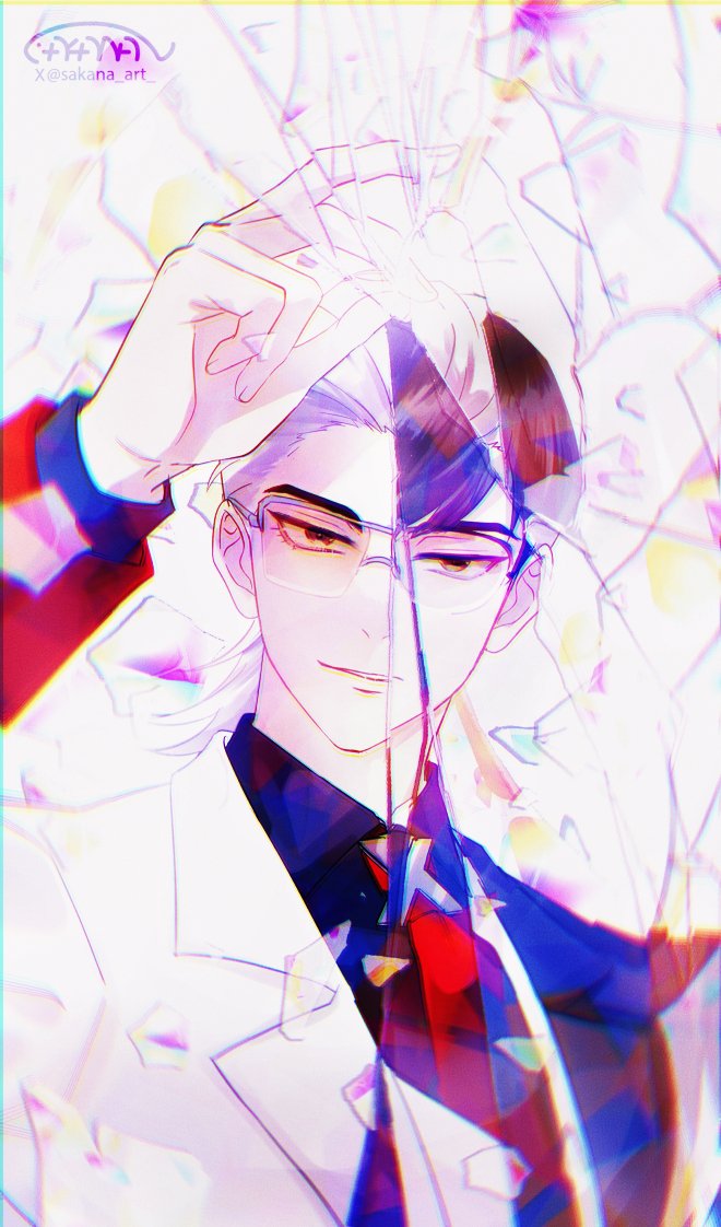 x (to be hero x), to be hero, to be hero x, bad link, broken mirror, hair slicked back, mirror, mullet, smug, snapping fingers, tinted eyewear, vest, white vest