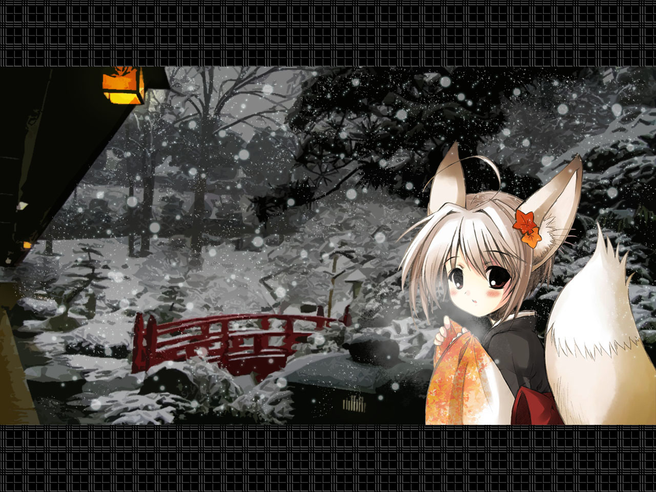 artist request, 1girl, animal ears, bridge, female focus, fox, fox ears, fox tail, japanese clothes, kimono, lantern, snow, snowing, solo, tail