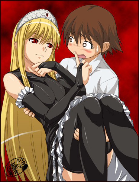 shironeko sanbou, hime (kaibutsu oujo), hiyorimi hiro, kaibutsu oujo, 00s, 1boy, 1girl, black thighhighs, blonde hair, blush, bridal gauntlets, brown hair, carrying, dress, elbow gloves, finger to mouth, gloves, hetero, long hair, princess carry, red eyes, smile, sweatdrop, thighhighs, tiara