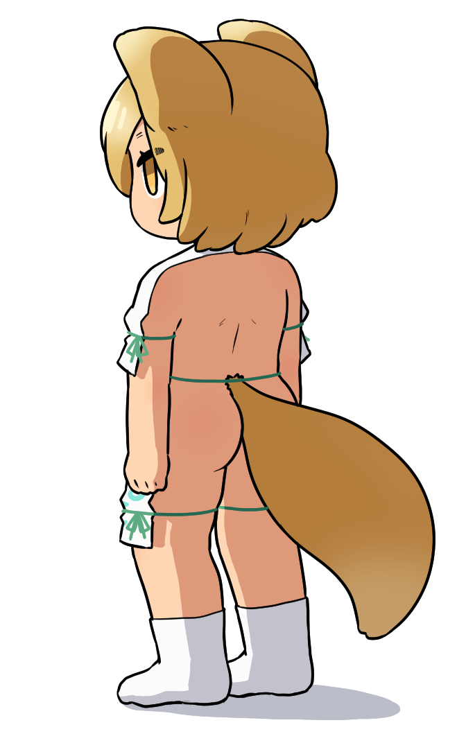 shirosato, kudamaki tsukasa, touhou, commentary, symbol-only commentary, 1girl, animal ears, ass, blonde hair, fox ears, fox girl, fox tail, from behind, full body, looking afar, no mouth, poverty outfit, short hair, simple background, socks, solo, tail, white background, white socks, yellow eyes