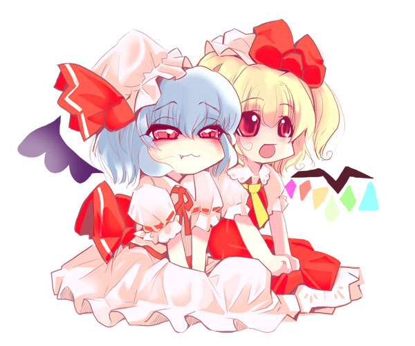 usoneko, flandre scarlet, remilia scarlet, touhou, 2girls, :3, blush, chibi, dress, fang, fang out, female focus, full body, half-closed eyes, hat, mob cap, multiple girls, siblings, simple background, sisters, sitting, white background, wings