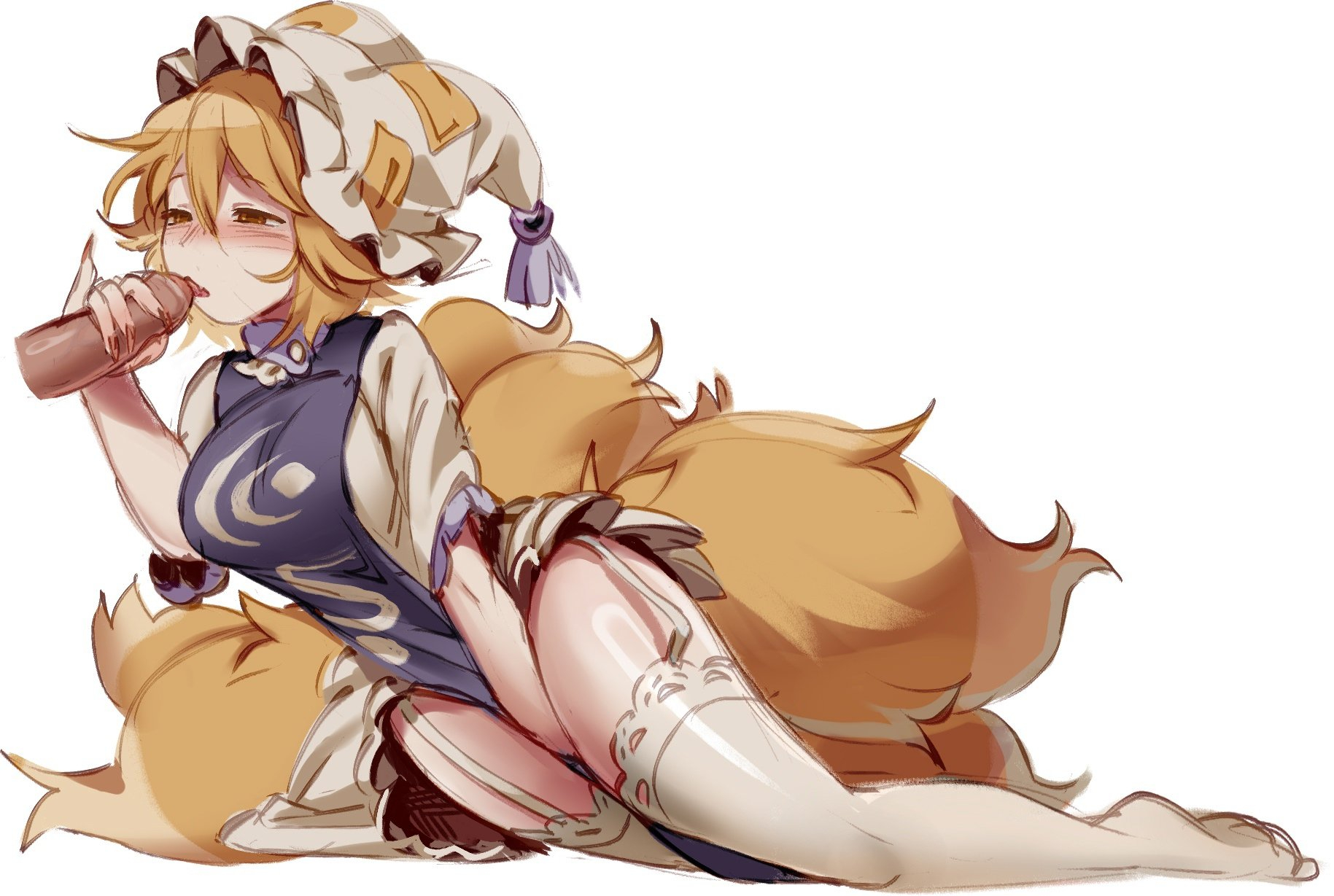 zuomerika, yakumo ran, touhou, highres, 1boy, 1girl, blonde hair, blue dress, breasts, dress, fellatio, female masturbation, fingernails, fox girl, fox tail, garter straps, hair between eyes, hat, large breasts, long fingernails, masturbation, multiple tails, no shoes, oral, pelvic curtain, red nails, short hair, tail, thighhighs, white garter straps, white hat, white sleeves, white thighhighs