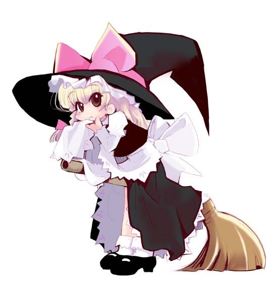 usoneko, kirisame marisa, touhou, eyebrows, 1girl, apron, apron lift, between legs, black hat, black shoes, black skirt, black vest, blonde hair, bow, braid, broom, broom riding, clothes lift, female focus, from side, full body, hair bow, hat, hat bow, hat ribbon, juliet sleeves, lifting own clothes, long hair, long sleeves, pink bow, pink ribbon, puffy sleeves, ribbon, shirt, shoes, simple background, single braid, skirt, socks, solo, standing, vest, waist apron, white apron, white background, white bow, white shirt, white socks, witch hat