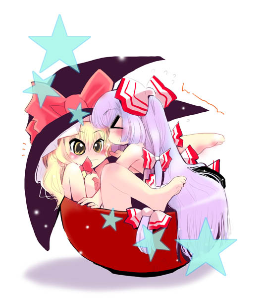 usoneko, fujiwara no mokou, kirisame marisa, touhou, > <, 2girls, blush, bowl, closed eyes, completely nude, female focus, multiple girls, nude, yuri