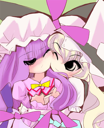 usoneko, kirisame marisa, patchouli knowledge, touhou, lowres, 2girls, blonde hair, bow, female focus, hug, multiple girls, pink bow