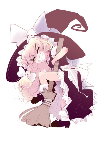 usoneko, kirisame marisa, touhou, 1girl, apron, bamboo broom, black hat, black shoes, black skirt, black vest, blonde hair, bow, braid, broom, closed eyes, female focus, frilled apron, frills, from side, full body, grin, hair bow, happy, hat, hat bow, hat ribbon, holding, holding broom, leaning forward, leg up, long hair, mary janes, ribbon, shirt, shoes, simple background, skirt, smile, socks, solo, standing, upskirt, vest, waist apron, white apron, white background, white bow, white ribbon, white shirt, white socks, witch hat