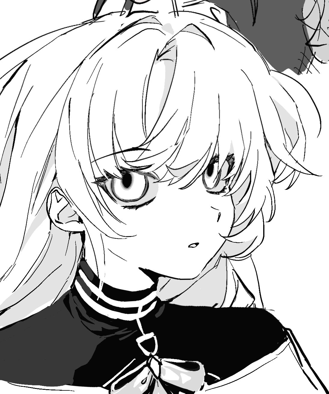 insight (designant) (arcaea), arcaea, highres, 1girl, :o, black shirt, insight (arcaea), jacket, medium hair, off shoulder, portrait, ribbon, shirt, sketch, solo, vipa 502, white jacket