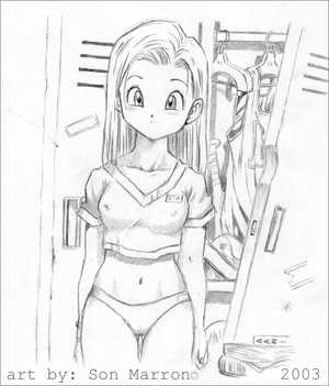 son marron, bulma, dragon ball, lowres, 1girl, blush, locker, long hair, monochrome, panties, thigh gap, underwear