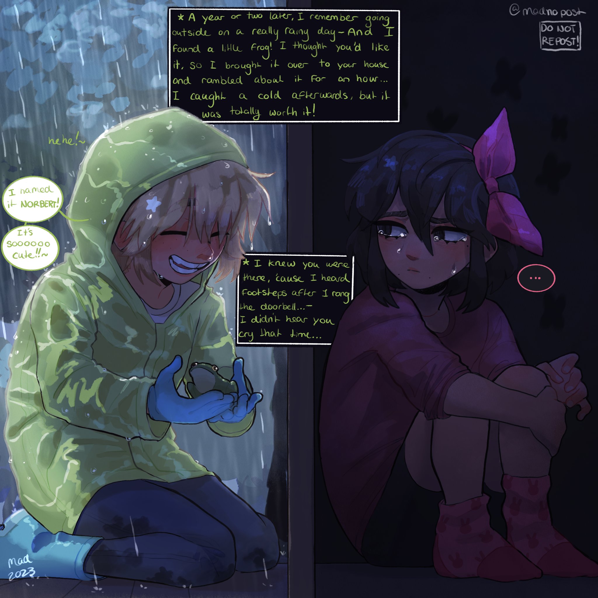 madnopost, aubrey (faraway) (omori), aubrey (omori), basil (faraway) (omori), basil (omori), omori, highres, …, 1boy, 1girl, 2023, alternate costume, alternate universe, animal, artist name, black eyes, black hair, black pants, black shorts, blonde hair, blue boots, blue gloves, boots, closed eyes, crying, crying with eyes open, english text, frog, gloves, green raincoat, hairband, holding, holding animal, kneeling, knees up, left-to-right manga, long hair, mole, mole under mouth, open mouth, pants, pink hairband, pink shirt, rain, raincoat, rubber boots, shirt, short hair, shorts, sitting, socks, speech bubble, spoken ellipsis, t-shirt, tears, teeth