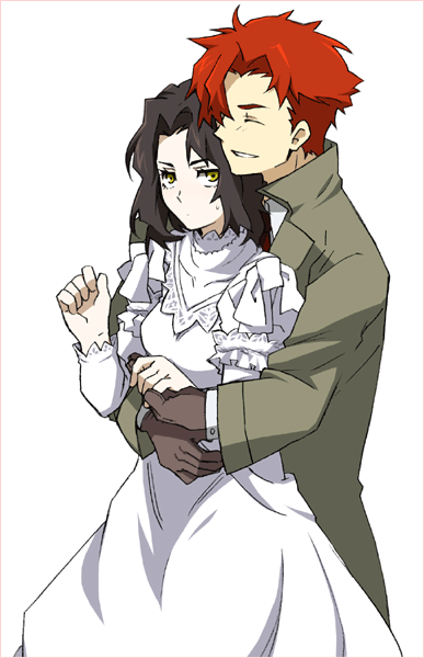machi ojisan, chane laforet, claire stanfield, baccano!, 00s, 1boy, 1girl, couple, hetero, hug, hug from behind, red hair, yellow eyes