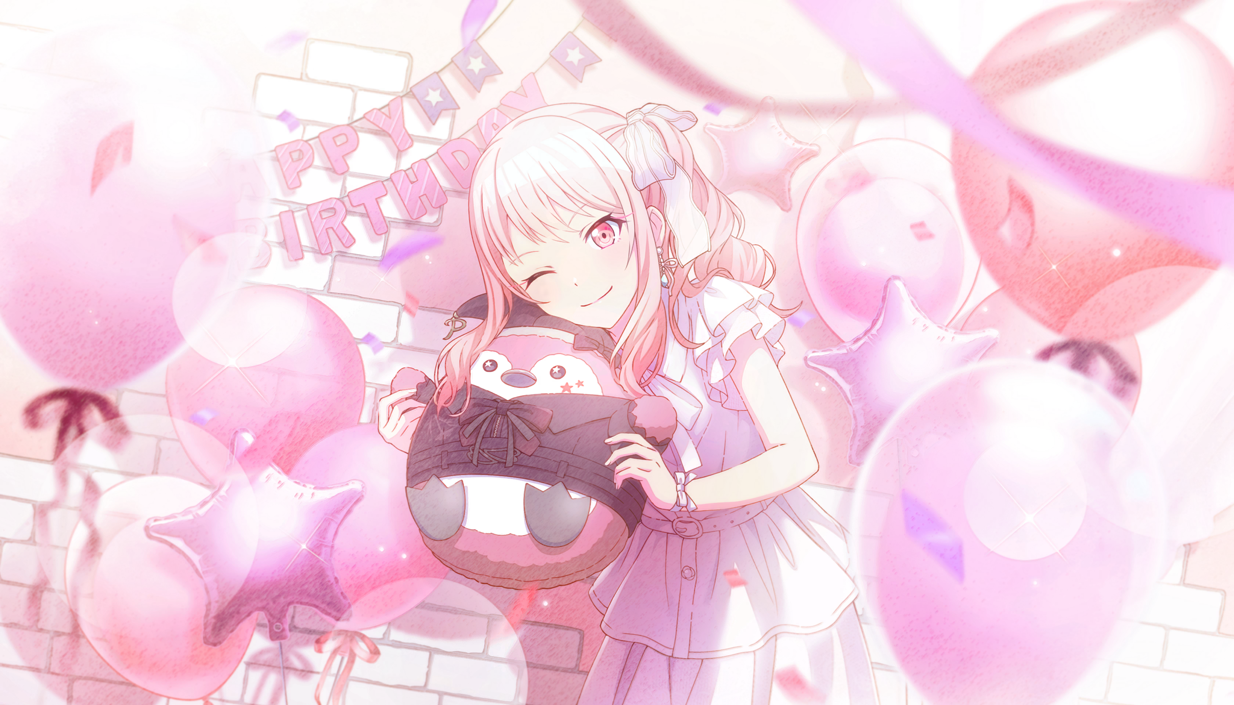 colorful palette, akiyama mizuki, phenny (project sekai), project sekai, game cg, highres, official art, third-party source, 1other, ;), akiyama mizuki (cosplay), balloon, belt, blurry, bokeh, closed mouth, confetti, cosplay, depth of field, dress, earrings, frilled dress, frills, hair ribbon, happy birthday, holding, holding stuffed toy, jewelry, one eye closed, pink eyes, pink hair, pink theme, ribbon, side ponytail, sidelocks, smile, solo, star (symbol), star balloon, stuffed toy, white belt, white dress, white ribbon