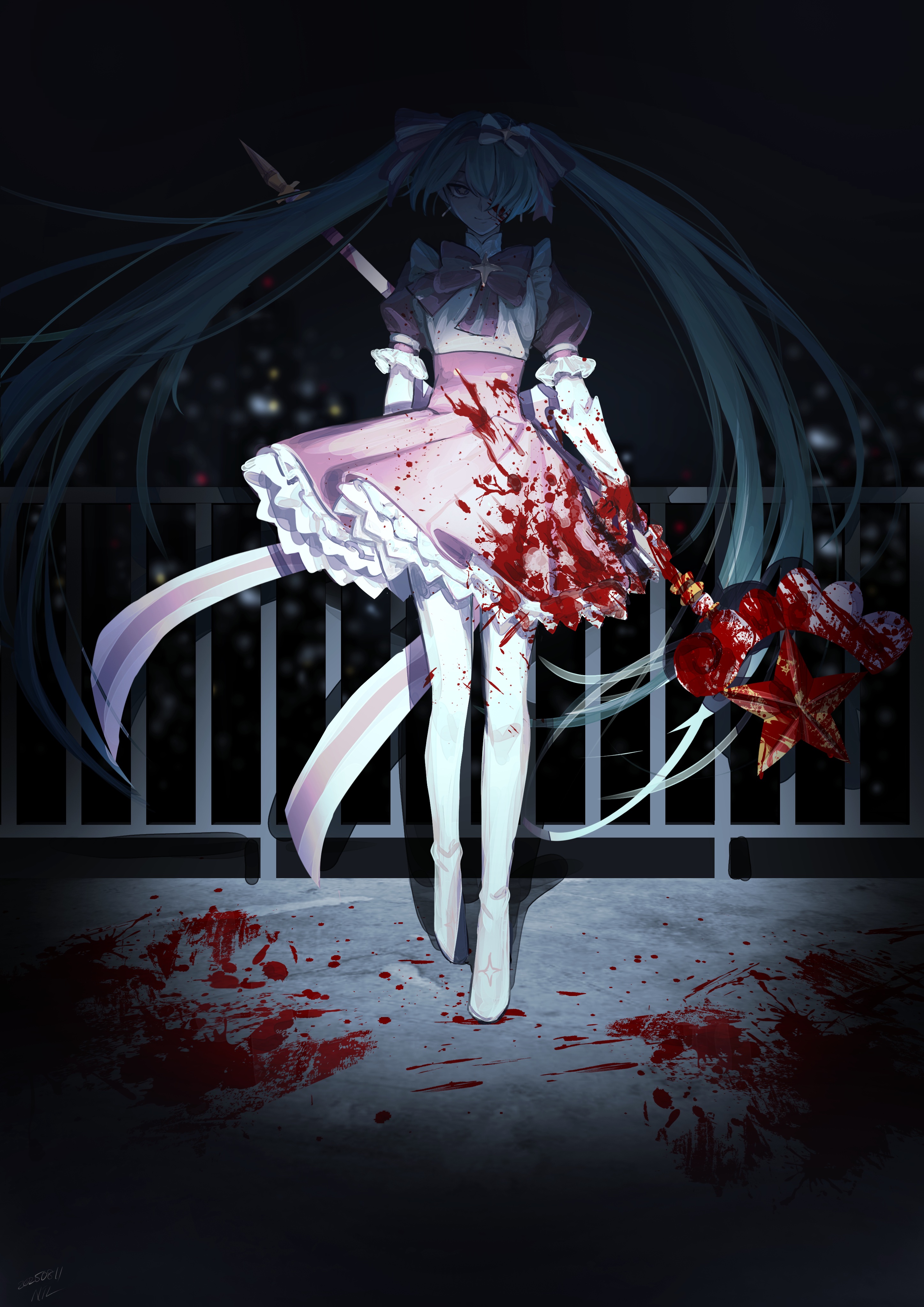 nil (pixiv 53614557), hatsune miku, vocaloid, absurdres, highres, 1girl, aqua hair, balcony, blood, blood on clothes, blood on ground, bloody clothes, bloody dress, bloody weapon, bow, bow hairband, camera flash, dress, frilled dress, frilled sleeves, frills, gloves, hair over one eye, hairband, holding, holding wand, ima sugu rinne (vocaloid), long hair, looking at viewer, magical girl, night, one eye covered, pink bow, pink dress, puffy short sleeves, puffy sleeves, short sleeves, solo, star wand, twintails, very long hair, walking towards viewer, wand, weapon, white bow, white gloves